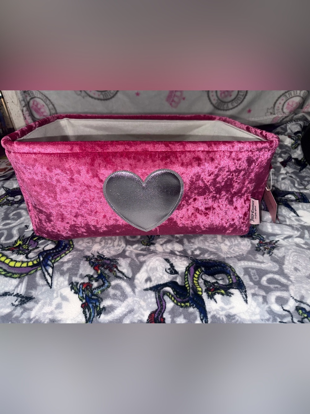 Juicy Couture Pink Velvet Storage Bin Basket with Silver Heart